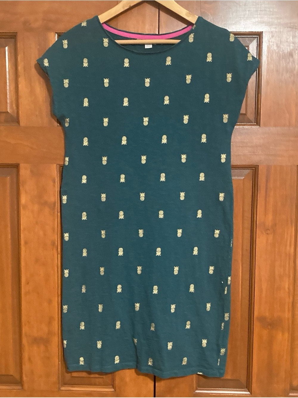 Boden Teal Crewneck T shirt dress 100% cotton pineapple print women’s size 6